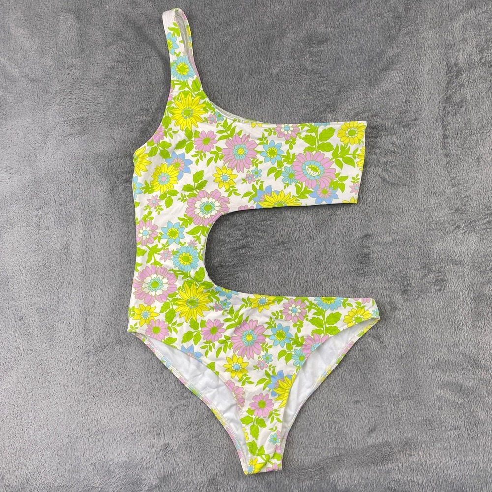 Frankies Bikinis One Piece Swimsuit Womens Small Multicolor Floral Cutout Retro